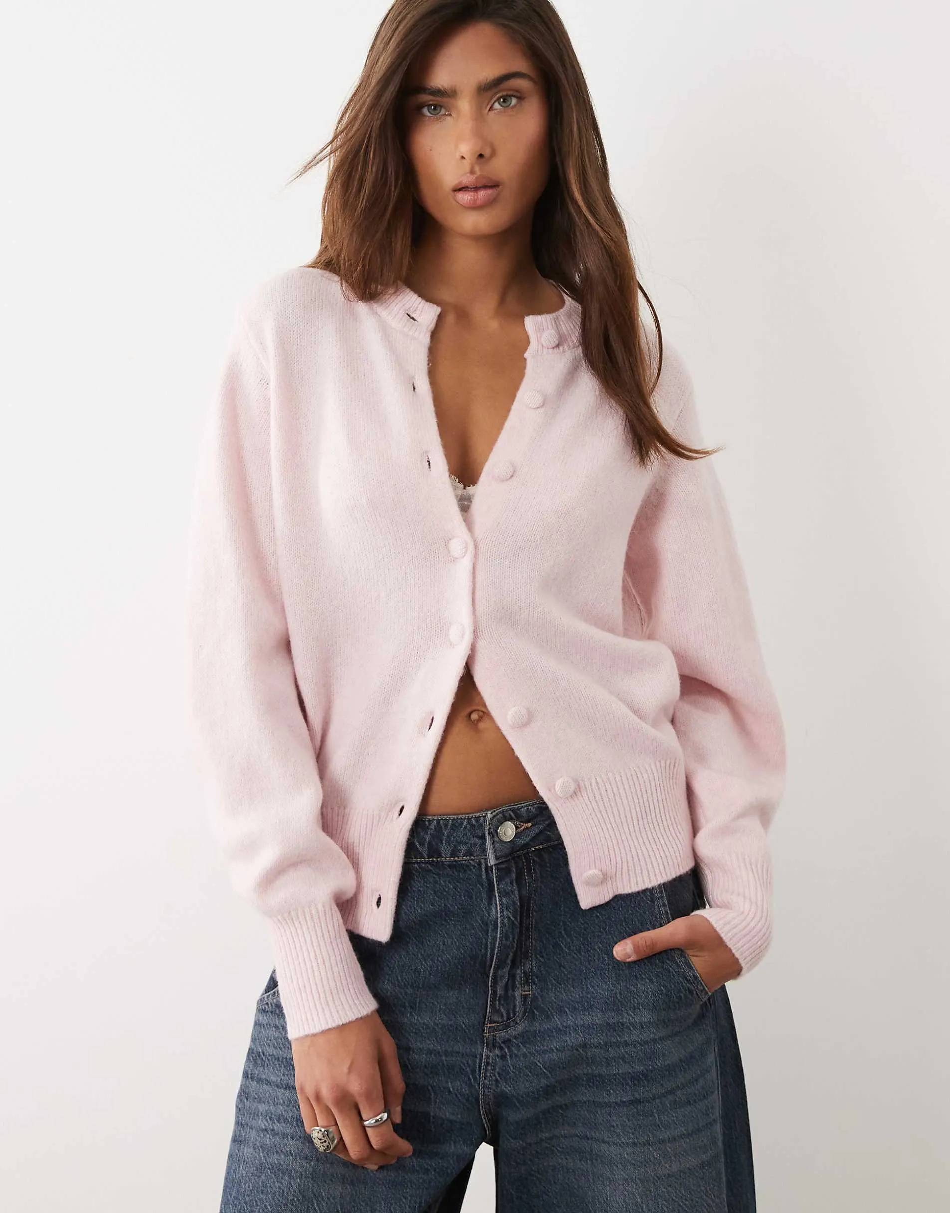 ASOS DESIGN waisted crew neck cardigan with wool with covered buttons in pink