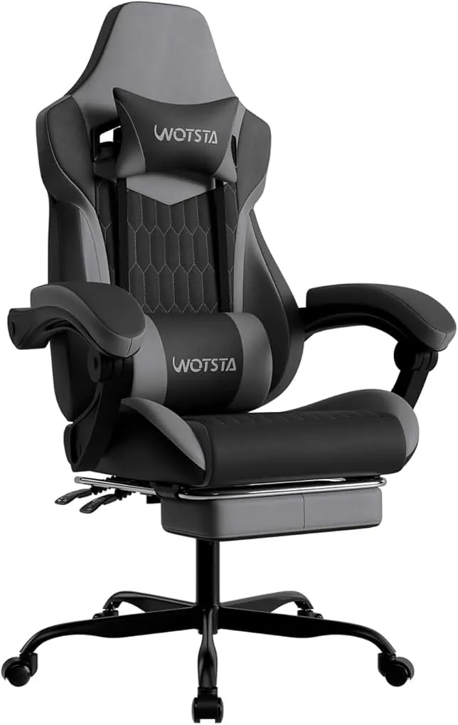 WOTSTA Gaming Chair with Footrest, High Back Gaming Chairs PVC Leather Ergonomic Gamer Chair with Adjustable Headrest Lumbar Suppo…