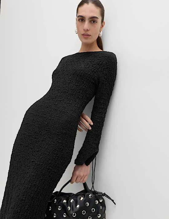 Schmales Midi-Säulenkleid aus Jersey mit hohem Baumwollanteil und Strukturmuster