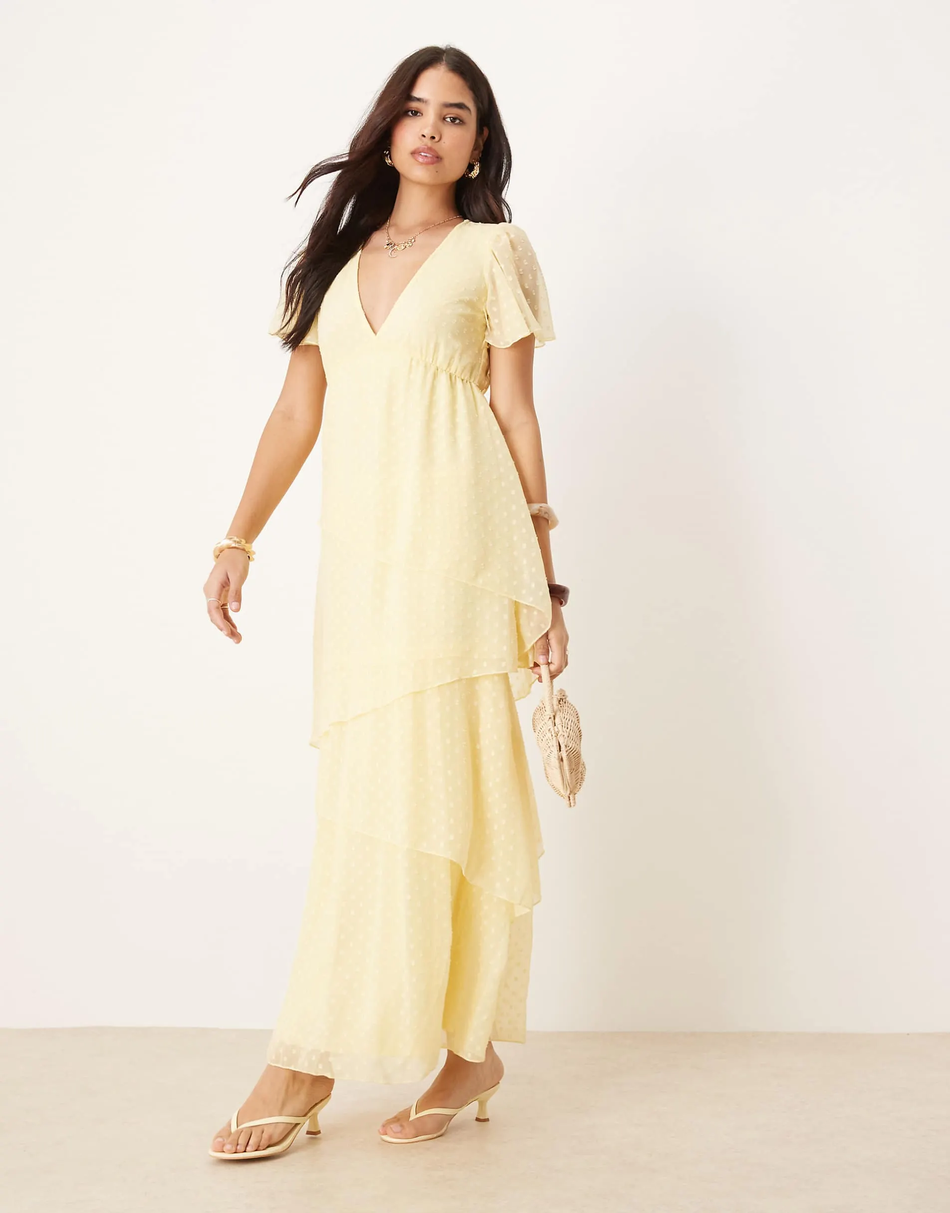 Vila tiered dobby ankle dress in pale yellow
