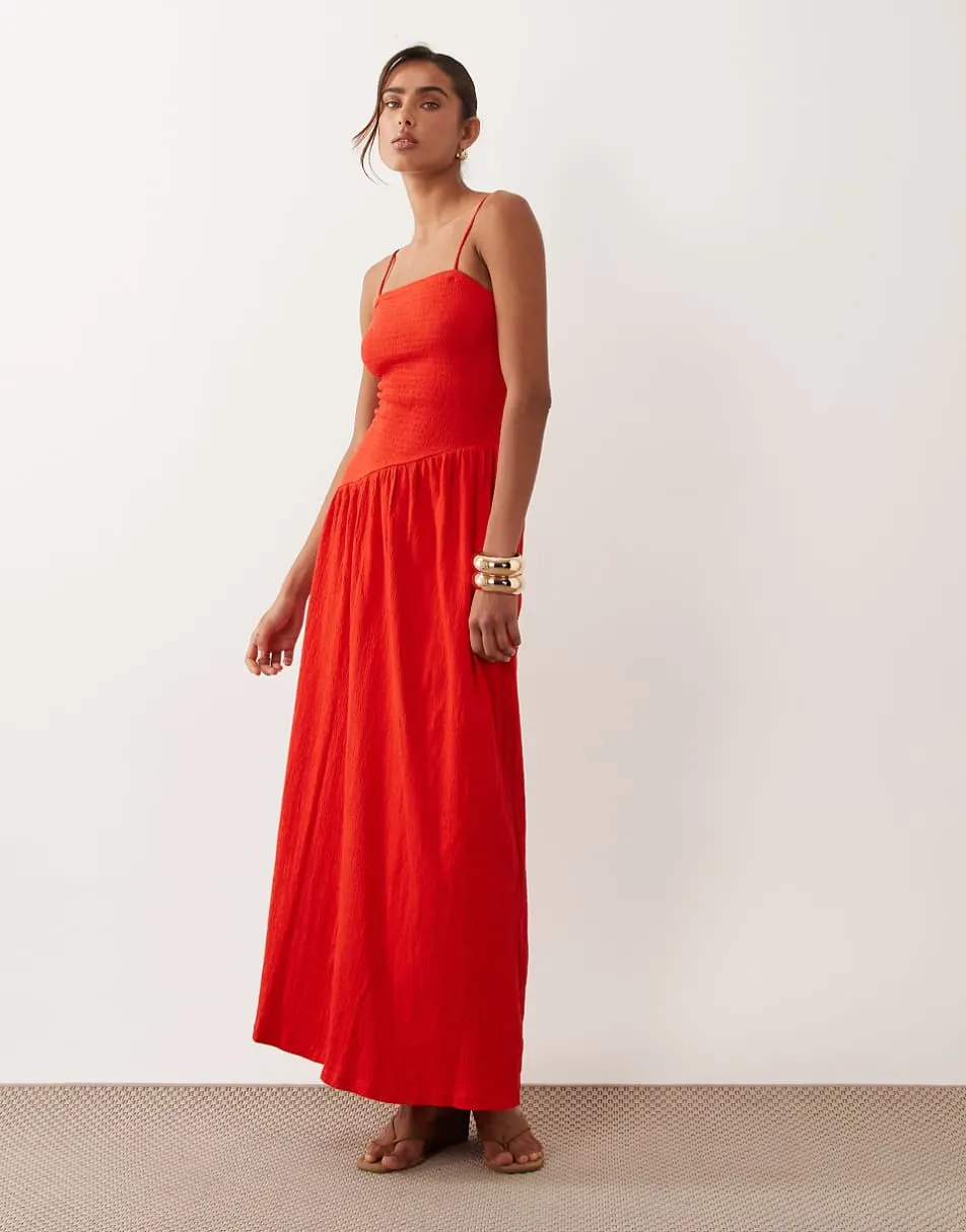 ASOS DESIGN crinkle cami tie back midi dress with asym waist in red