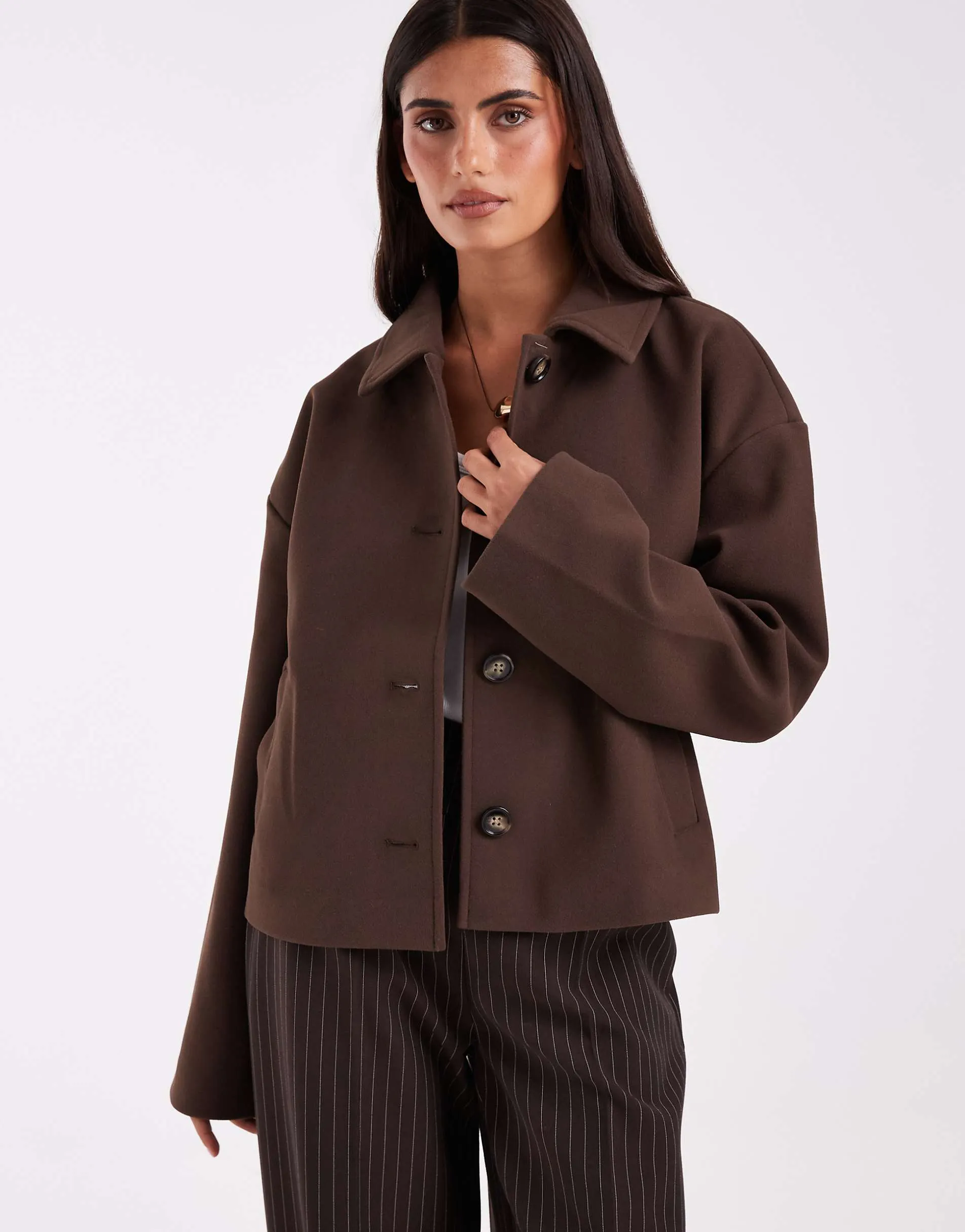 Pieces short formal wool look coat in chocolate brown