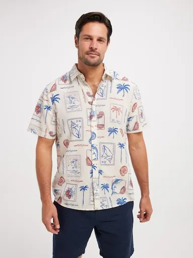 Just Jeans Short Sleeve Linen Blend Vacay Collage Shirt