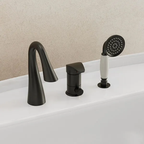 EVERSTEIN Transitional Waterfall Single-Handle Deck-Mount Tub Faucet with Vintage Hand Shower Roman Tub Filler in Matte Black