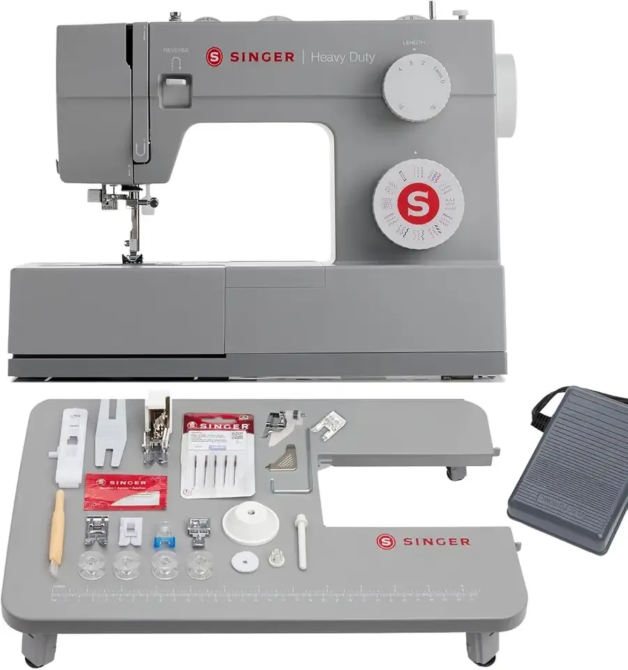 SINGER® 4452 Holiday Bundle Heavy Duty Sewing Machine + Accessory Kit | Extension table & 2 presser feet included, 32 built-in stitches deliver 110 applications, 50% more power for thick fabrics