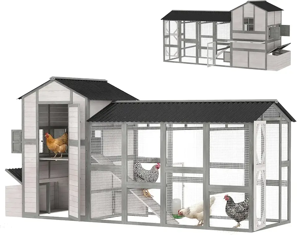 PawHut 147" Extra Large Chicken Coop Wooden Hen House for 8-10 Hens, Outdoor Poultry Hutch with Run, Removable Tray, Nesting Box, Ramp for Duck Rabbit, Ventilated Windows, Gray