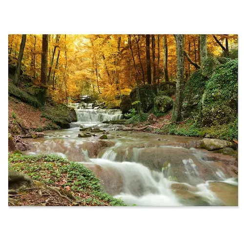 Forest Waterfall with Yellow Trees - Large Landscape Canvas Art Print - 32x16