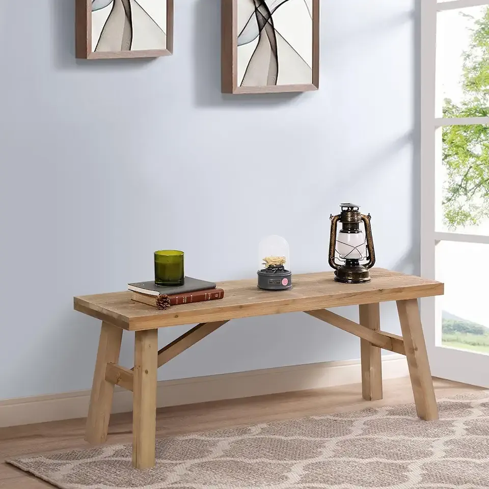 Wnutrees Sawmill Long Wood Bench, 43" Farmhouse Entryway Bench for Living Dining Room, Rustic Entry Way Benches Seat, Solid Wood, Handcraft Finshed, Natural