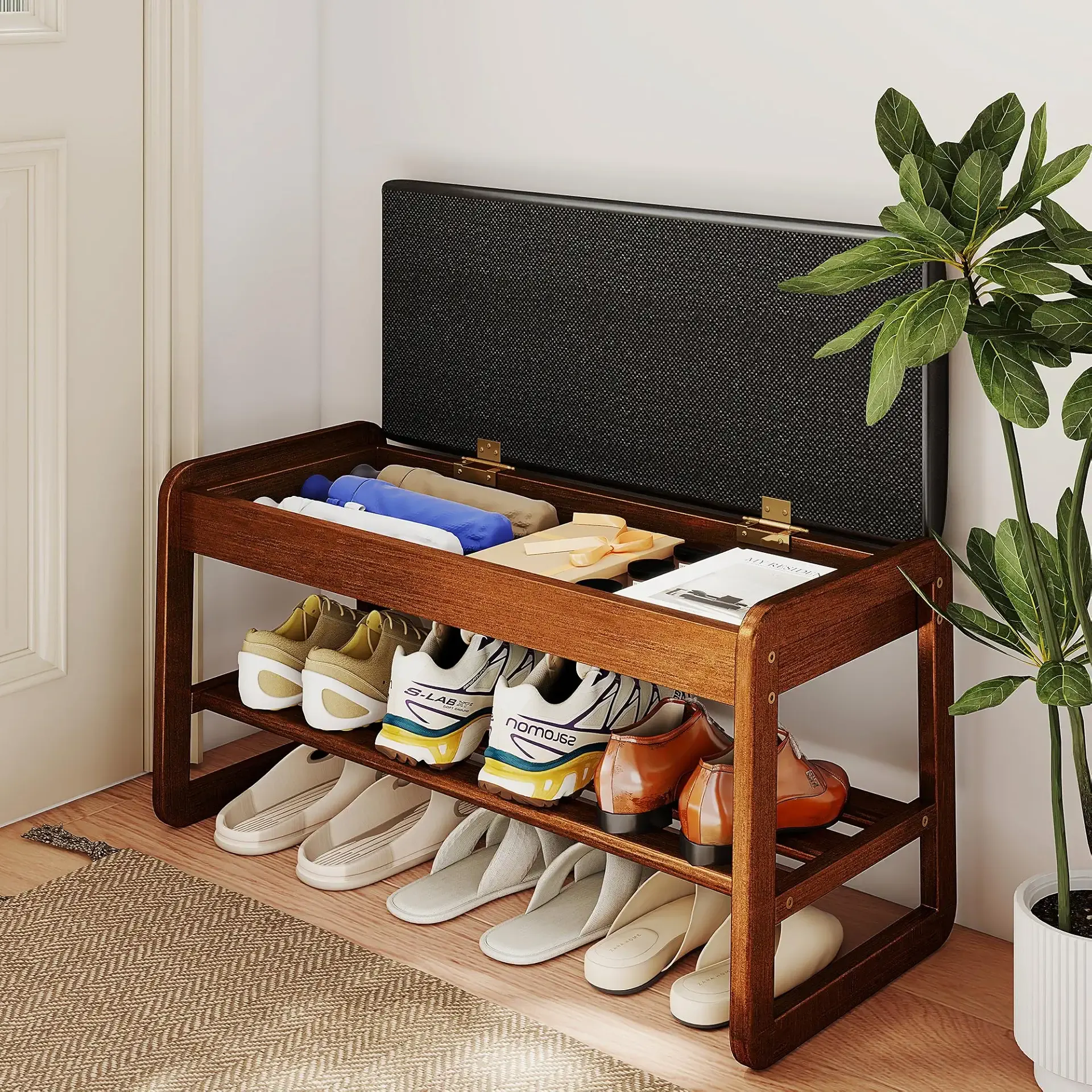 Shoe Rack Bench with Flip-Top Storage, Solid Rubberwood 2-Tier Shoe Organizer with Cushion, Wooden Shoe Stand for Entryway, Mudroom, Hallway, Closet, Front Door Entrance, Foyer