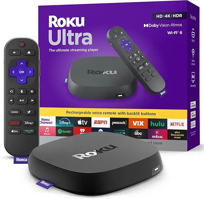 Roku Ultra - Ultimate Streaming Player - 4K Streaming Device for TV with HDR10+, Dolby Vision & Atmos - Bluetooth & Wi-Fi 6- Rechargeable Voice Remote Pro with Backlit Buttons - Free & Live TV
