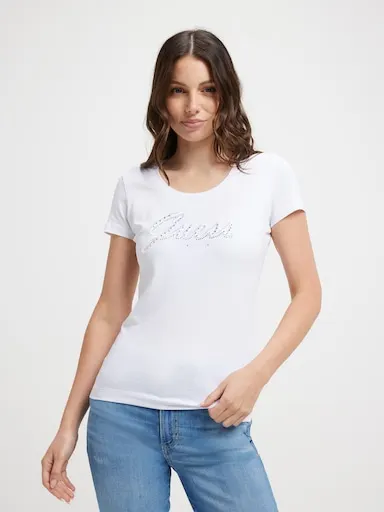 Guess Short Sleeve Embro Script Logo Tee In Pure White