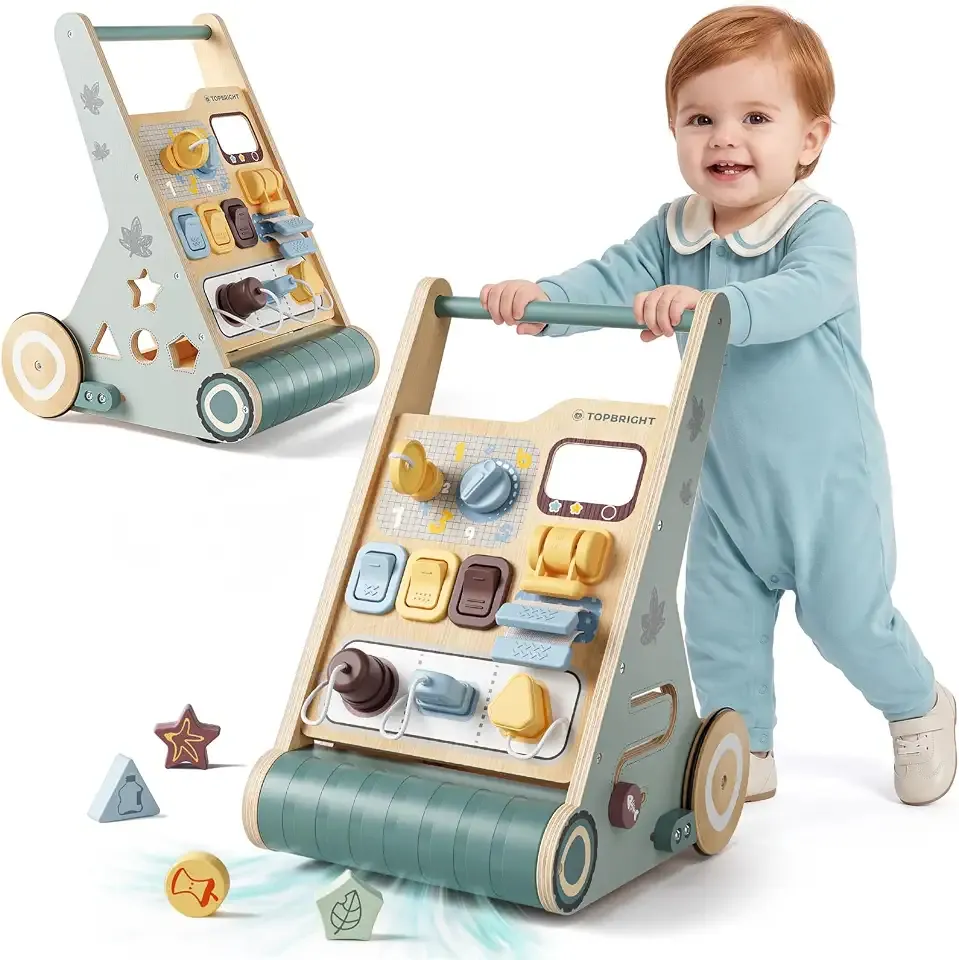 TOPBRIGHT Wooden Baby Walker with Activity Center for 1 Year Old Boy Gifts