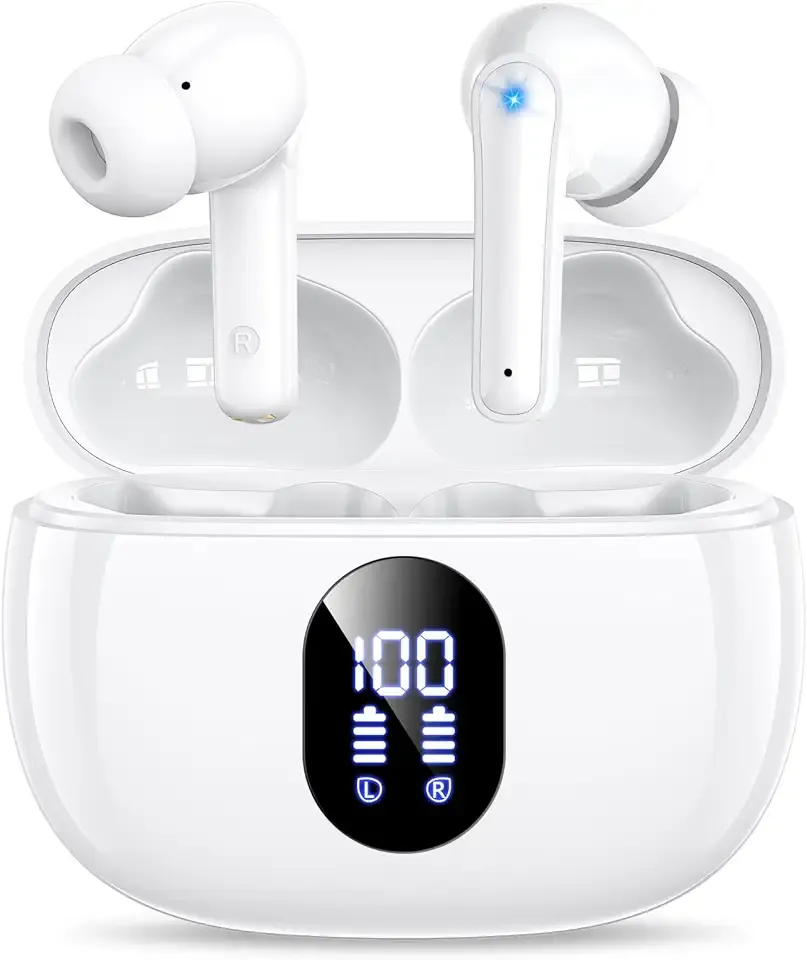 ZZU Wireless Earbuds Bass Stereo Headphones Bluetooth 5.3 Ear Buds, 48H Playtime, LED Display in Ear Earphones with Mic, IPX7 Waterproof, Touch Control Lightweight for iPhone/Sports/Laptop White