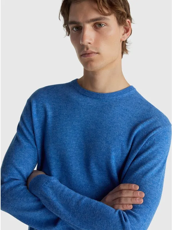 Marl blue crew neck sweater in pure Merino wool
