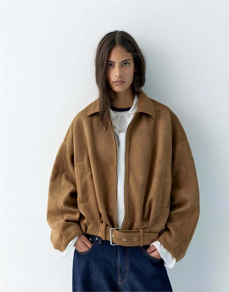 Pull&Bear Faux suede bomber jacket in caramel