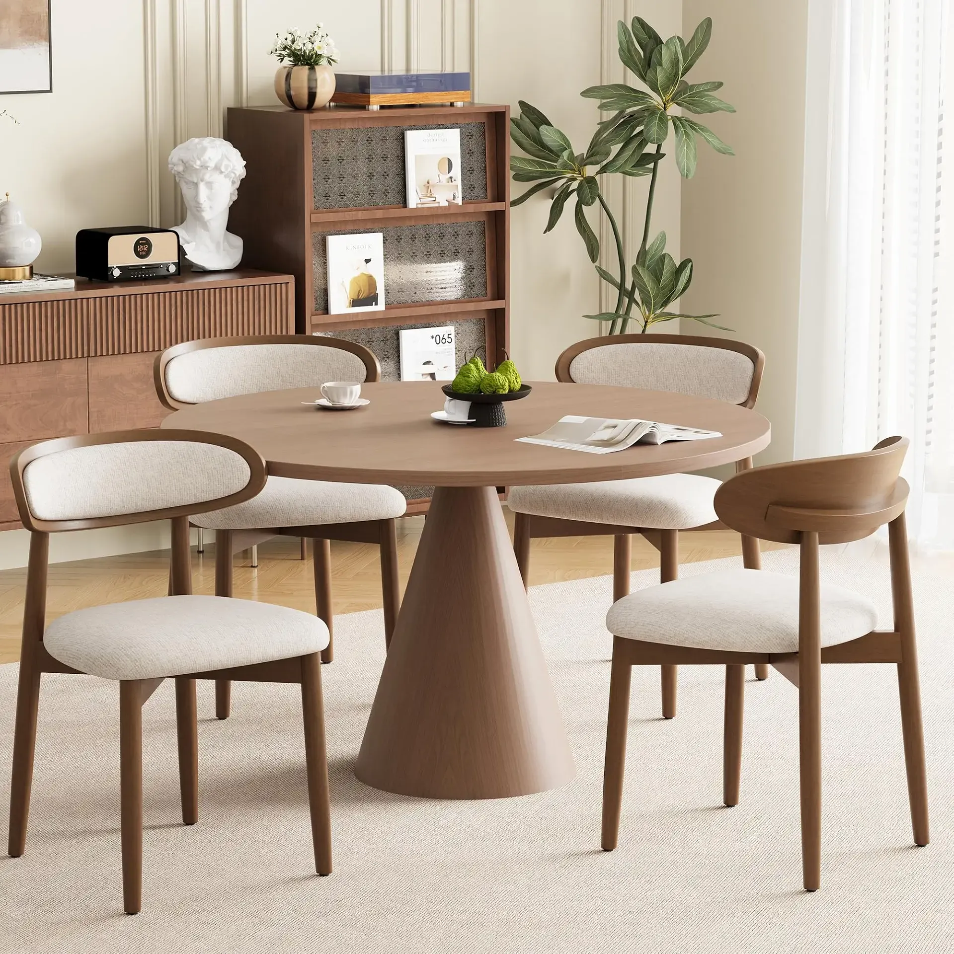 Dining Chairs Set of 4, Upholstered Dining Room Chairs with Solid Wood Legs | Mid Century Modern Dining Chairs, Fabric Kitchen Chairs with Ergonomic Curved Backrest for Dining Room, Vanity, Beige