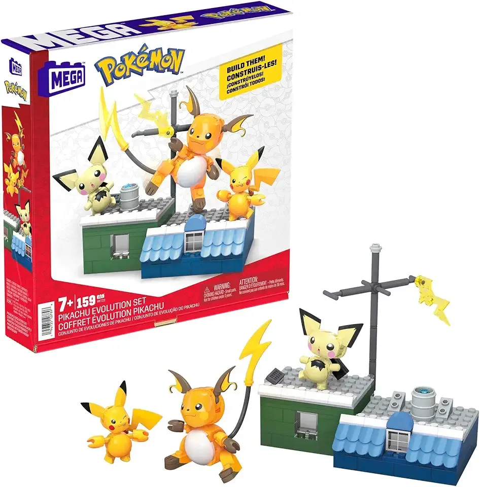 MEGA Pokémon Action Figure Building Toys for Kids, Pikachu Evolution Set with 159 Pieces, 3 Poseable Characters, 8 Year Old Gift Idea