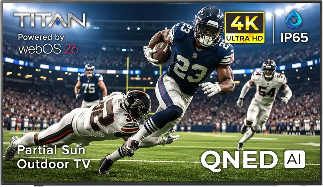 Titan L200 QNED 75 Inch Outdoor TV, Partial Sun, IP65 Smart Weatherproof TV, 4K HDR, 120 Hz, Web AI OS, 1500 Nits, Wi-Fi 6E, Dolby Digital, Outdoor TV Cover, Slim Bezel, 2 Yr Wty