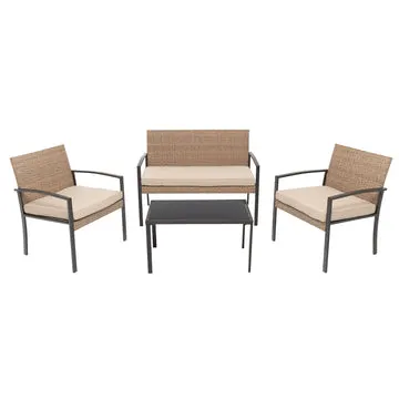 Set da giardino 4 pezzi Effetto Legno Rattan sintetico con struttura in acciaio, top in vetro e cuscini Beige