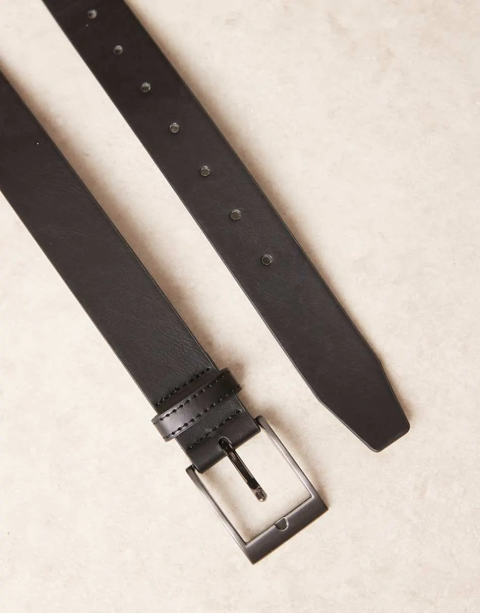 ASOS DESIGN faux leather belt with gunmetal buckle in black