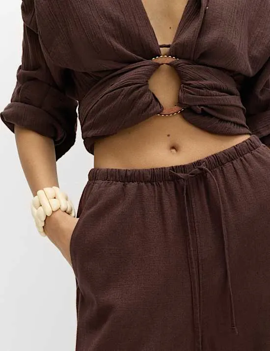 Drawstring Wide Leg Trousers with Linen