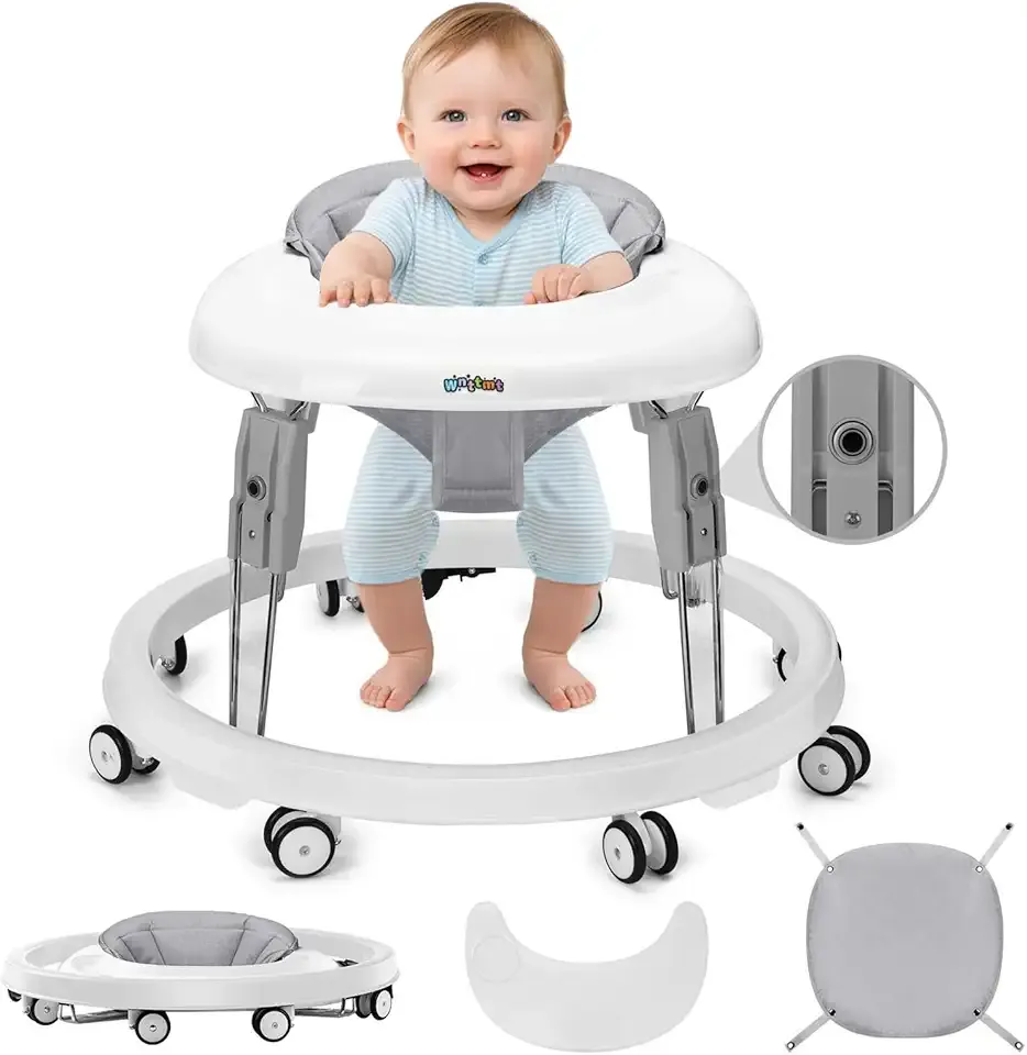 Baby Walker with Wheels, One-Touch Folding Portable Baby Walkers with Height Adjustment, Large Dinner Plate and Brake, Walker for Baby Boy Girls 6-18 Months, Gray