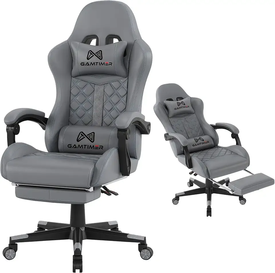 Gamtimer Gaming Chair, 400 LB Weight Capacity,with Pocket Spring Cushion | Ergonomic Backrest Office Chair,Leather, with Headrest and Lumbar Support, Footrest, Suitable for Adults(Grey)