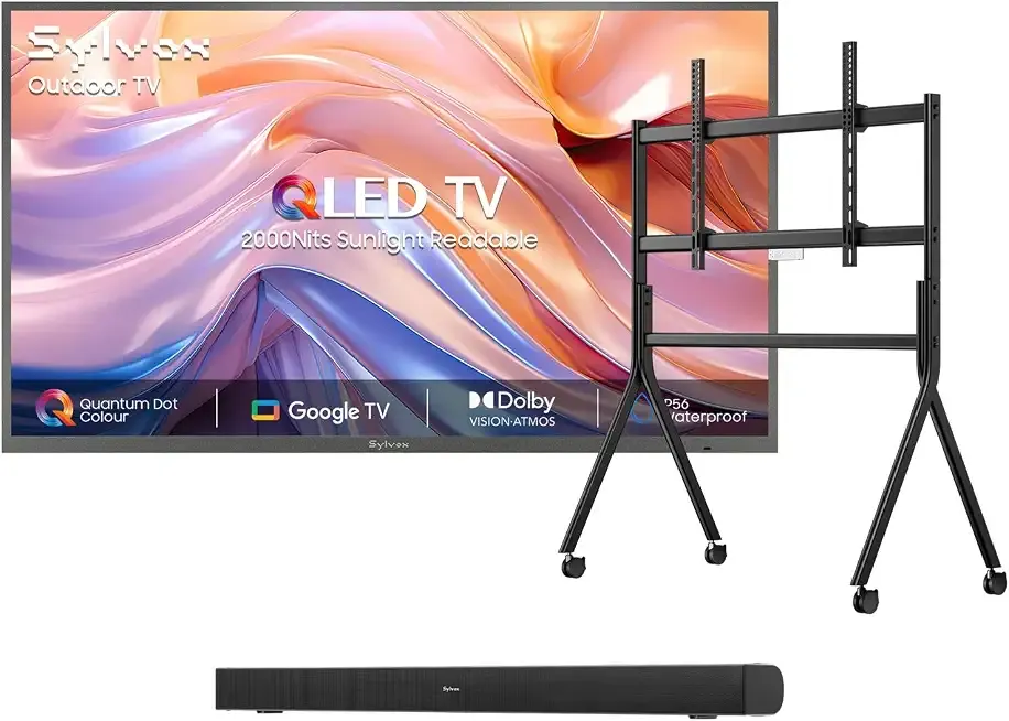 SYLVOX Outdoor TV with Rolling Stand & Soundbar, 65 inch Smart QLED TV, 2000 Nit Full Sun, Weatherproof, 4K UHD, IP56 Waterproof, Commercial Grade (2026 Model)