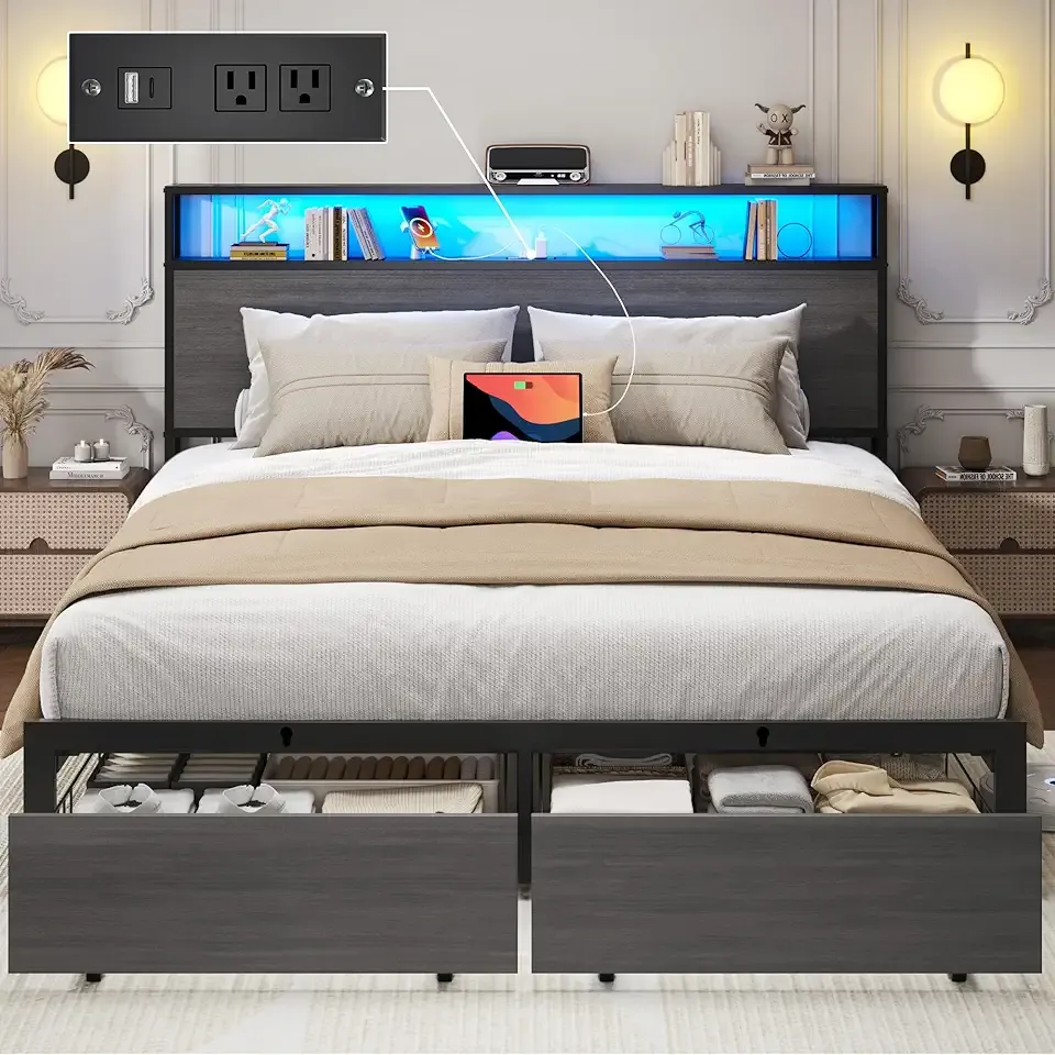 Lifezone Queen Bed Frame with 2-Tier Storage Headboard, Bedroom Metal Bed Frame with 2 Storage Drawers & Fast-Charging Station & LED, Noise-Free, No Box Spring Needed, Easy Assembly, Rustic Grey