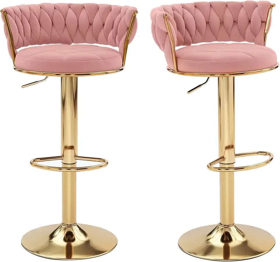 VECELO Bar Stools Set of 2, Adjustable Barstools Counter Height Stools with Back and Arm, Velvet Woven Kitchen Island Stools w/Gold Metal Leg Base, 360° Swivel Bar Chair, Pink