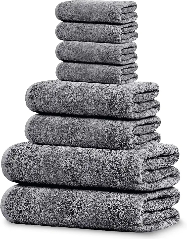 Tens Towels Pack of 8 Towels Set, 2 Extra Large Bath, 2 Hand, 4 Washcloths, 100% Cotton, Lighter Weight, Quicker to Dry, Super Absorbent, Perfect for Bathroom, Dark Grey