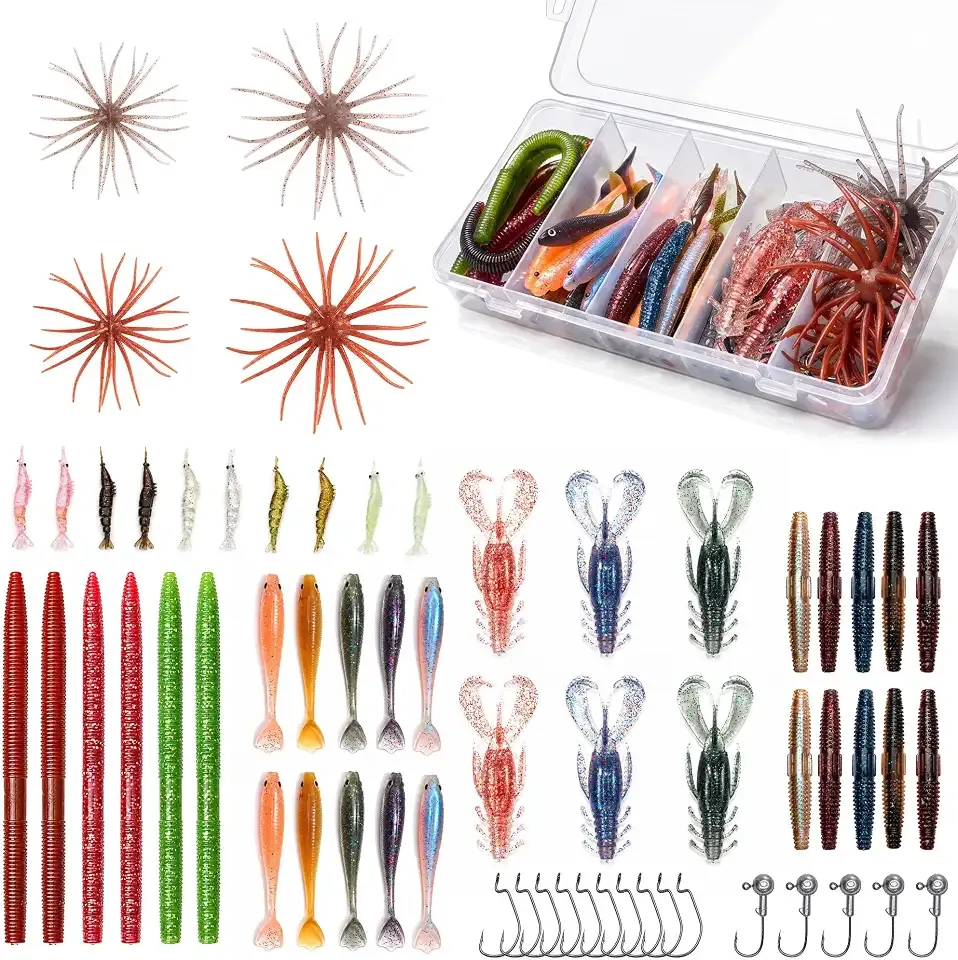 Fishing Lures Kit with Soft Baits, Hooks, Jig Heads and Tackle Box | Assorted soft baits: paddle tail swimbaits, ribbed worms, stick baits, shrimp, crawfish and urchin-style creature baits