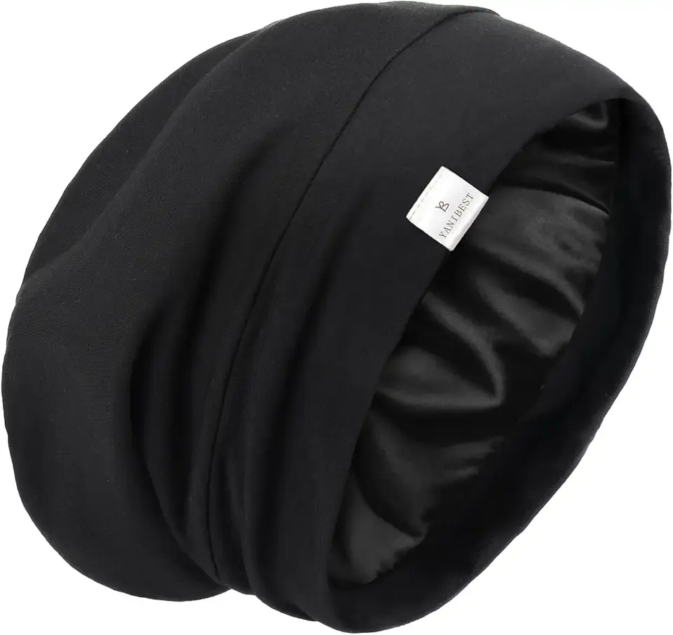 Slouchy Beanie Hat Satin Lined Sleep Cap Satin Bonnet Chemo Headwear Caps for Women and Men Pure Black