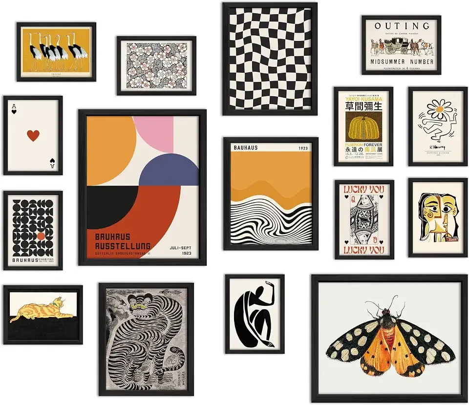 ANERZA 16 PCS Wall Art Framed Eclectic Wall Art Decor, Modern Maximalist Wall Prints for Bedroom, Vintage Gallery Wall Frame Set, Bauhaus Funky Posters for Home Decor, Retro Abstract Dorm Collage Kit