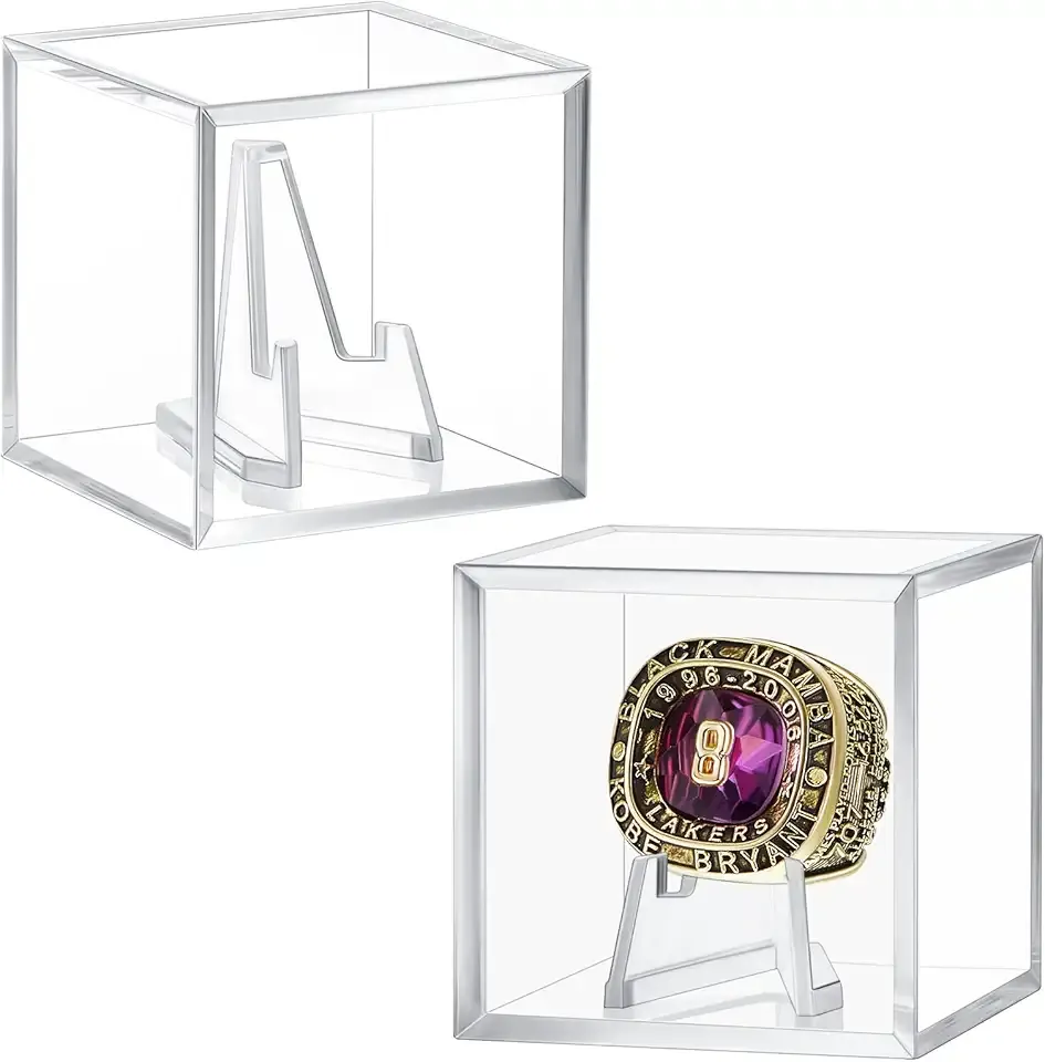 Leinuosen 2 Sets Championship Ring Display Case Clear Acrylic Case Mini Easel Stands Challenge Coin Holder Acrylic Stands for Display Box and Stand UV Ring Holder (1.77x1.77x1.77 Inch)