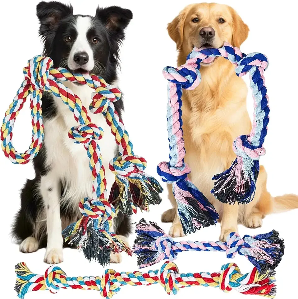 Rocfish 4 Pack Dog Rope Toys for Aggressive Chewers, Tough Tug of War Dog Toys for Large, Medium & Small Dogs, 100% Cotton Teeth Cleaning Chew Toys (Multicolour02, 04)