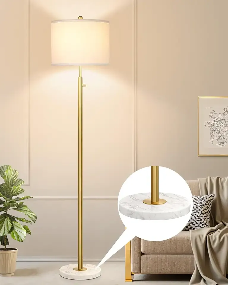 【Upgraded】Dimmable Gold Floor Lamps for Living Room, 11W LED Bulb Included, Modern Standing Lamp with Marble Base, Tall Pole Light with White Linen Shade for Bedroom Reading Office Corner Nursery