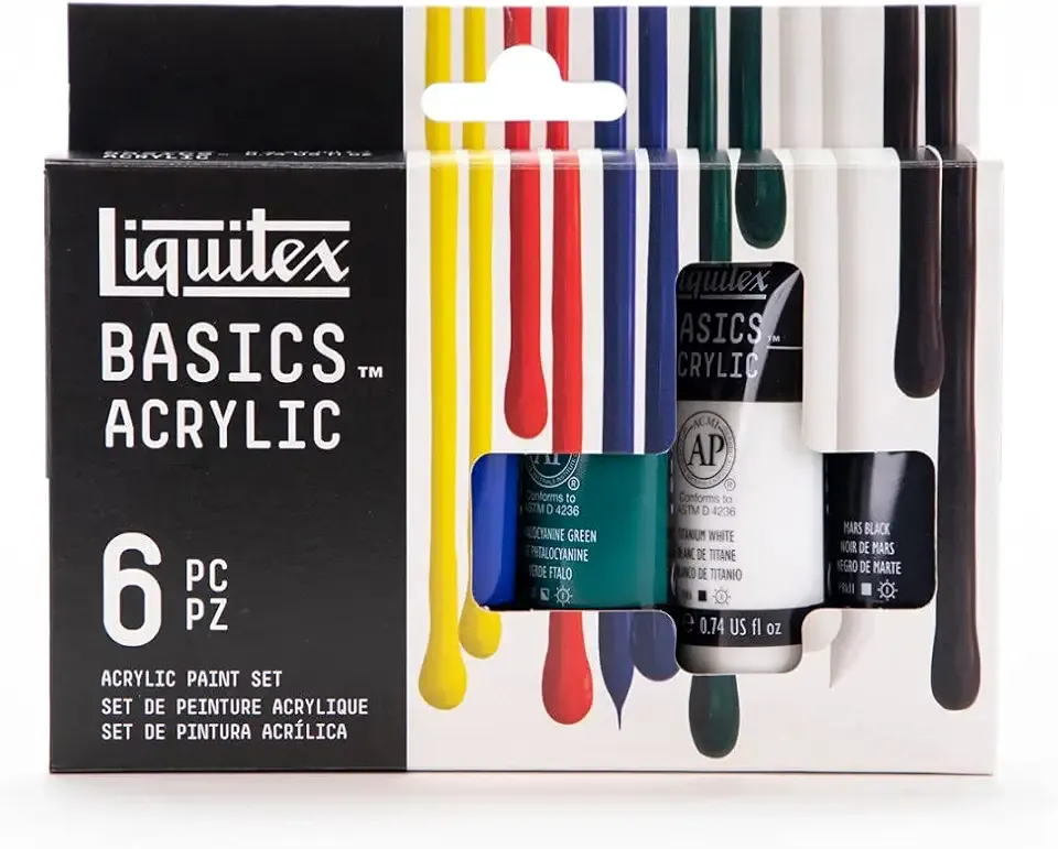 Liquitex BASICS Acrylic Paint Set, 6 x 22ml (0.74-oz) Tubes, Primary | Medium Viscosity, Satin Finish, Lightfast, Fine Art Pigments, Range of Opacities, Easy Blending