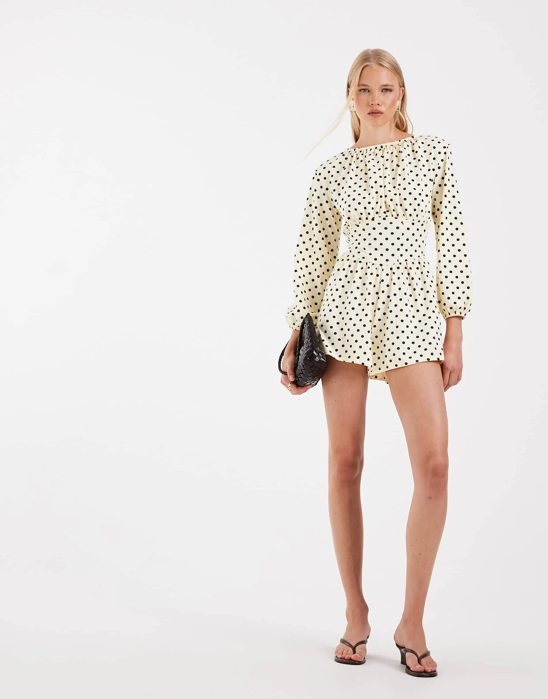 ASOS DESIGN polka dot cinched waist playsuit in lemon and brown