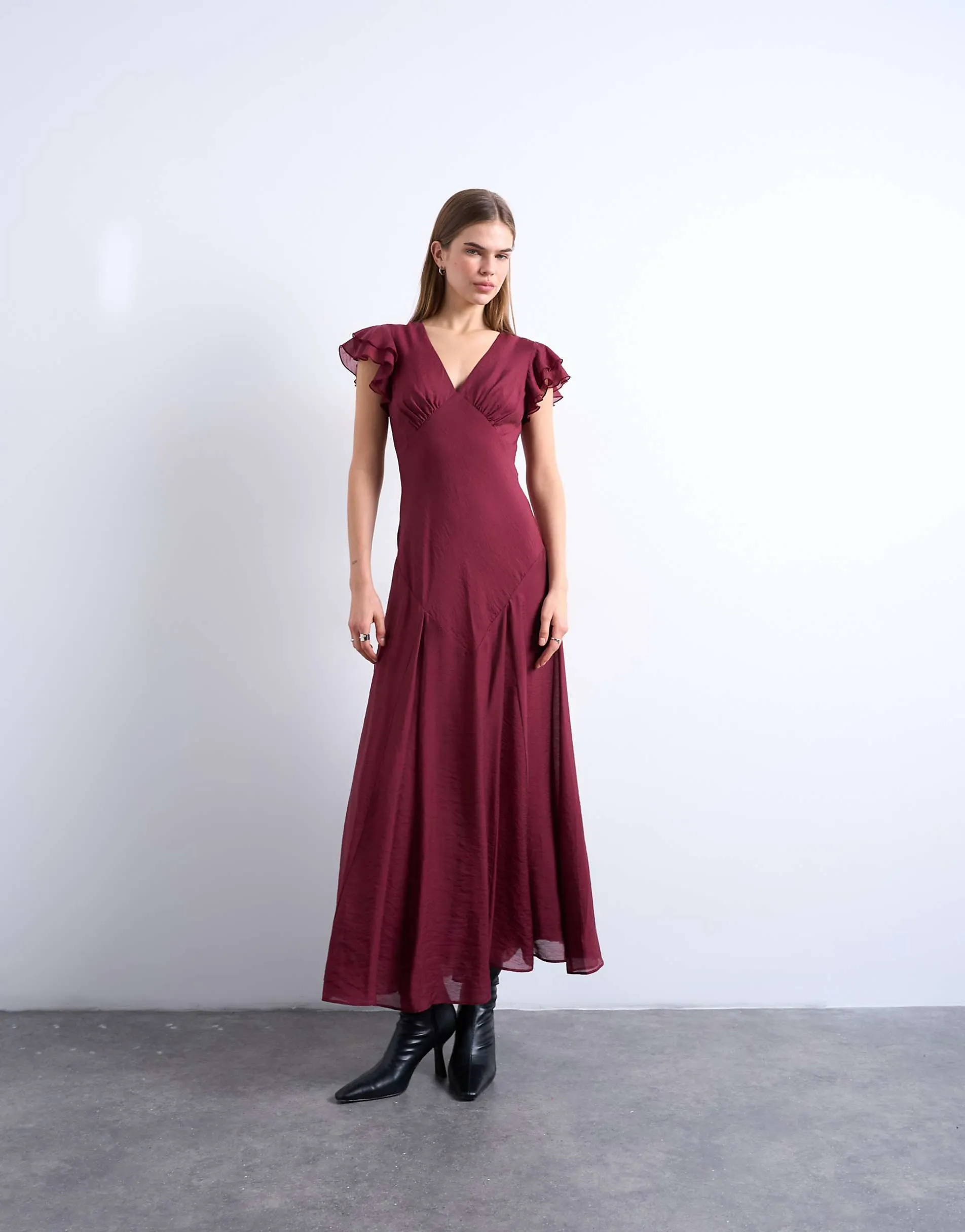 Topshop flutter sleeve v neck midi dress in deep red