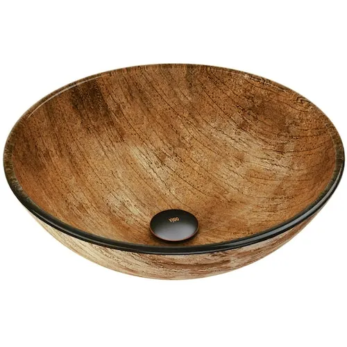 Giovanni 17"L x 17"W x 6"H Amber Sunset Glass Round Vessel Bathroom Sink in Wooden
