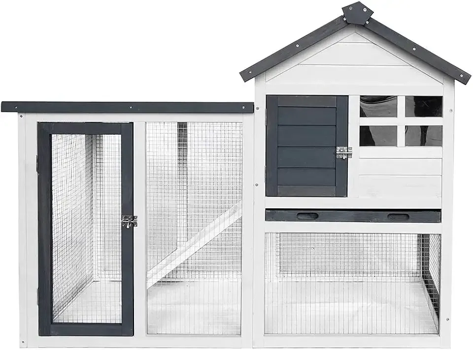 BIRASIL Wood Rabbit Hutch, Guinea Pig Cage with Pull Out Tray, 2 Levels Bunny House for Small Animals Outdoor Indoor (Gray, 48 Inch)