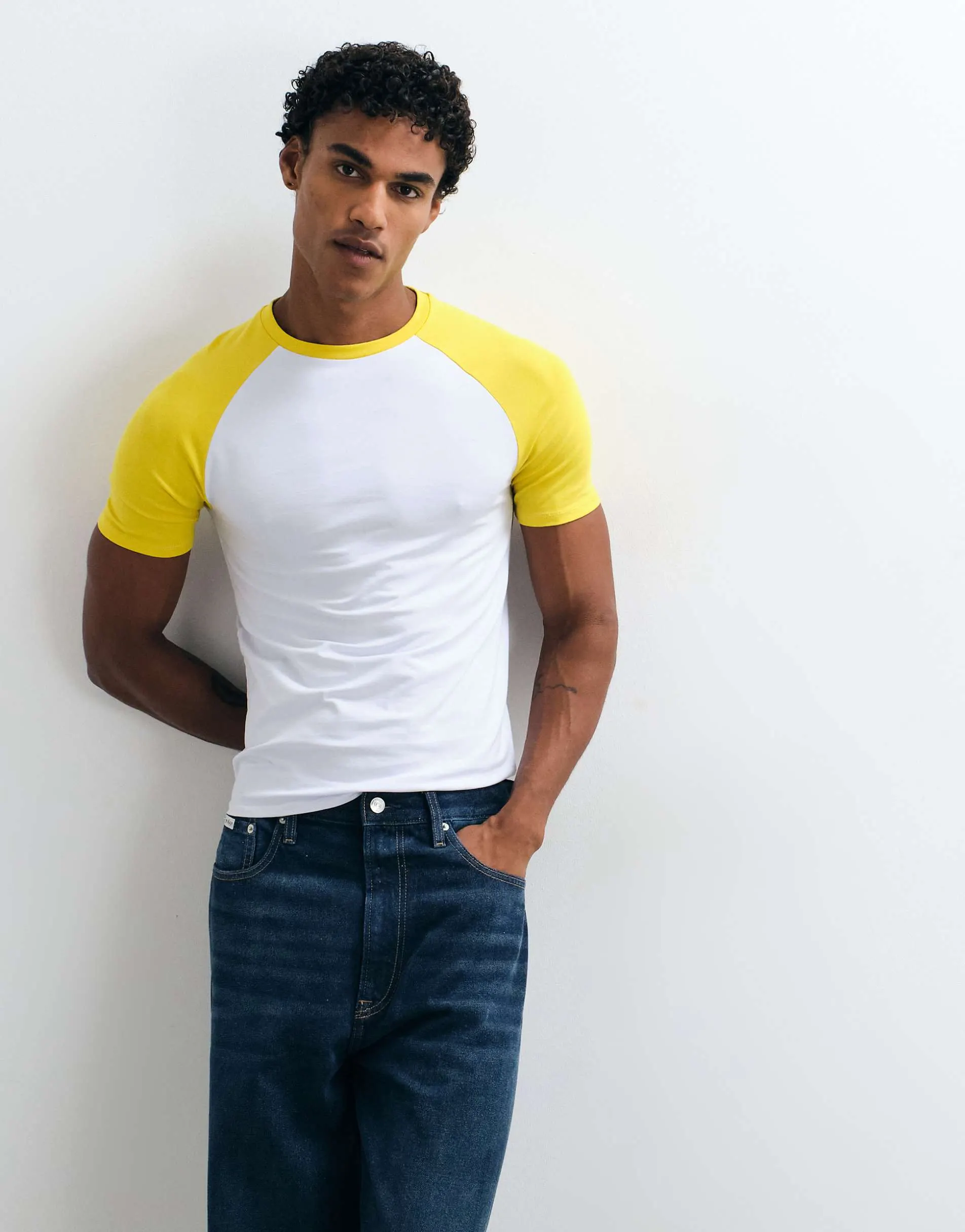 ASOS DESIGN muscle fit raglan t-shirt in white and yellow