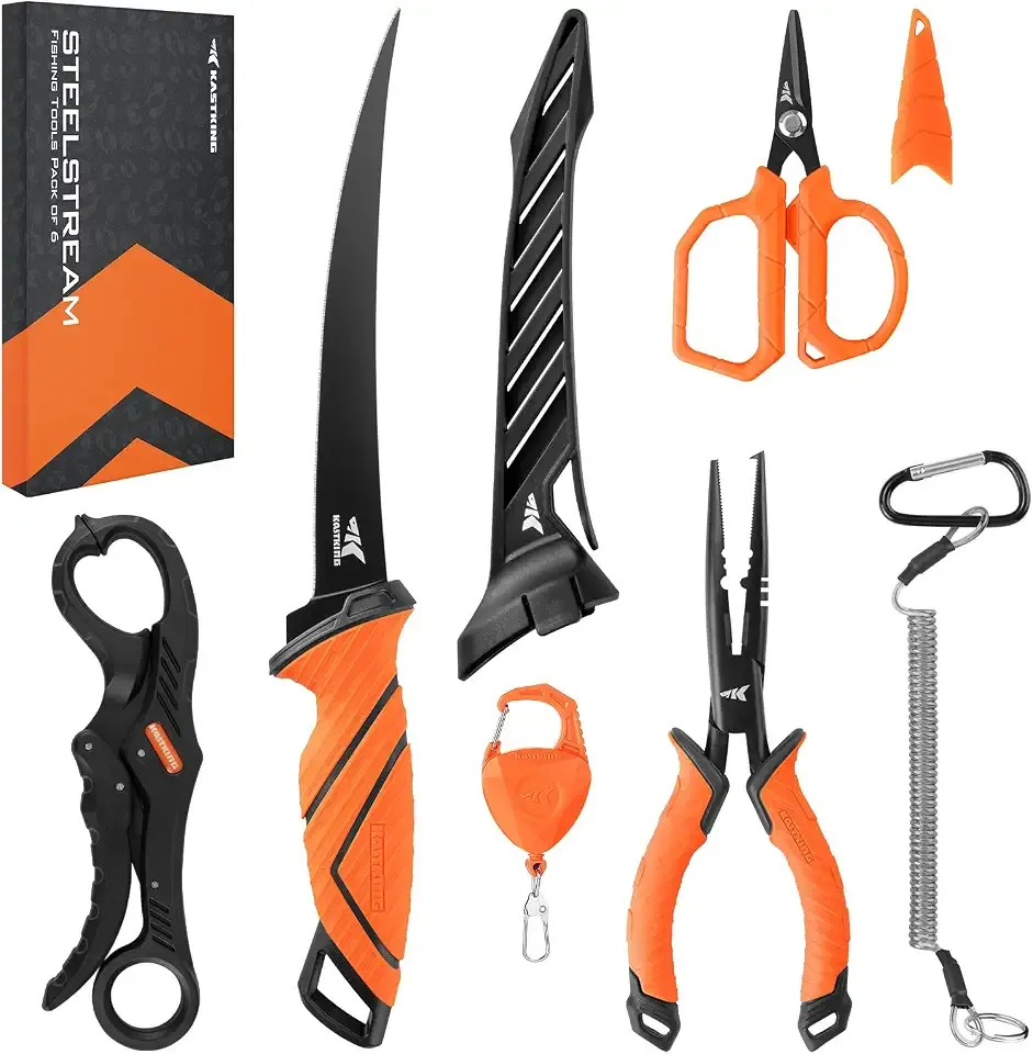 KastKing SteelStream 6pc Fishing Tool Kit, Fishing Gear | Corrosion Resistant Pliers with Lanyard, Fillet Knife, Floating Fish Lip Gripper, Fishing Braid Scissors, Tool Retractor