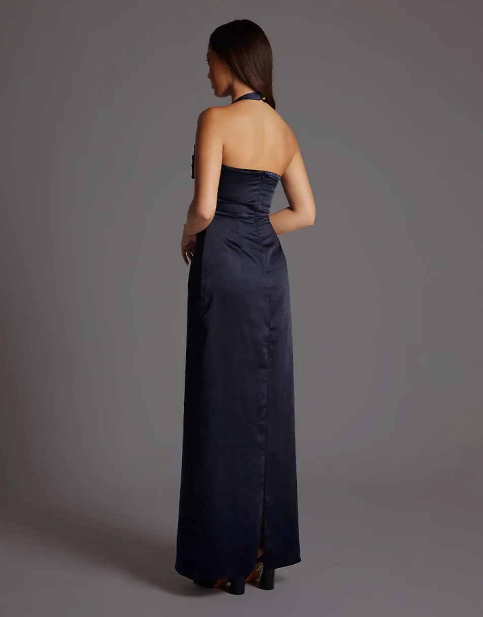 Vesper Satin cowl halter neck maxi dress in navy
