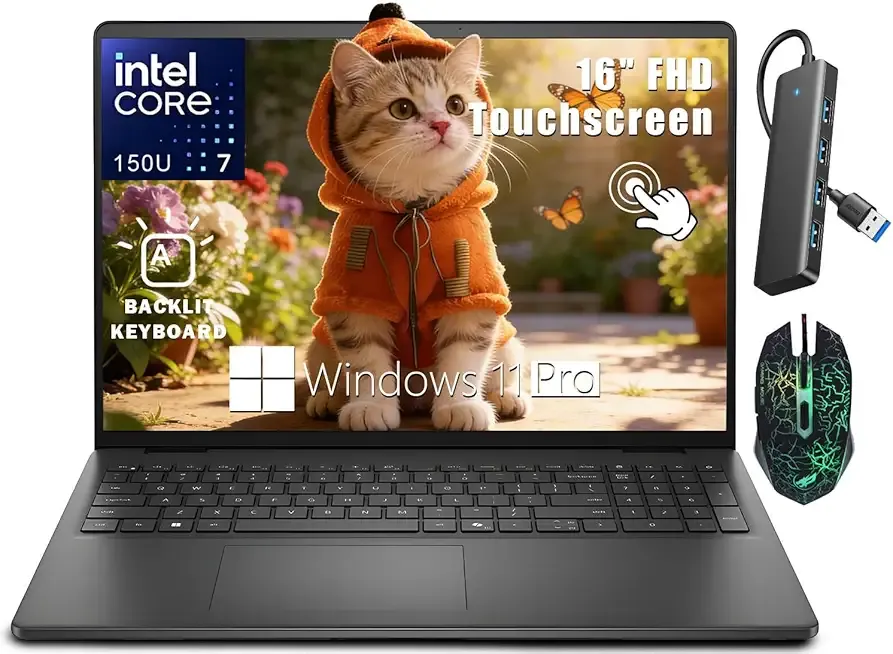 Dell Inspiron 16" Touchscreen Business Laptop, WUXGA Display, Intel Core 7 150U, 16GB DDR5-5600MHz• 1TB SSD• Backlit KB• Windows 11 Pro with Copilot AI, for Business & Student, Seibosfy