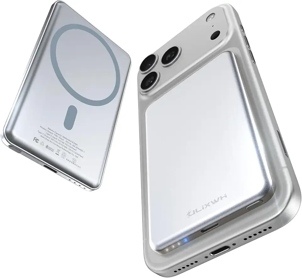 [0.3" Ultra Slim] [Alloy-Made] ULiXWH for Magsafe Portable Charger for iPhone, 2025 Upgrade 5000mAh Fast Charging Magnetic Power Bank, Wireless Battery Pack for iPhone 17 Air 16 15 Pro Max 14, Silver
