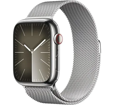 Apple Watch Series 9 [GPS + Cellular 45mm] Smartwatch with Silver Stainless Steel Case with Silver Milanese Loop. Fitness Tracker, Blood Oxygen & ECG Apps, Always-On Retina Display