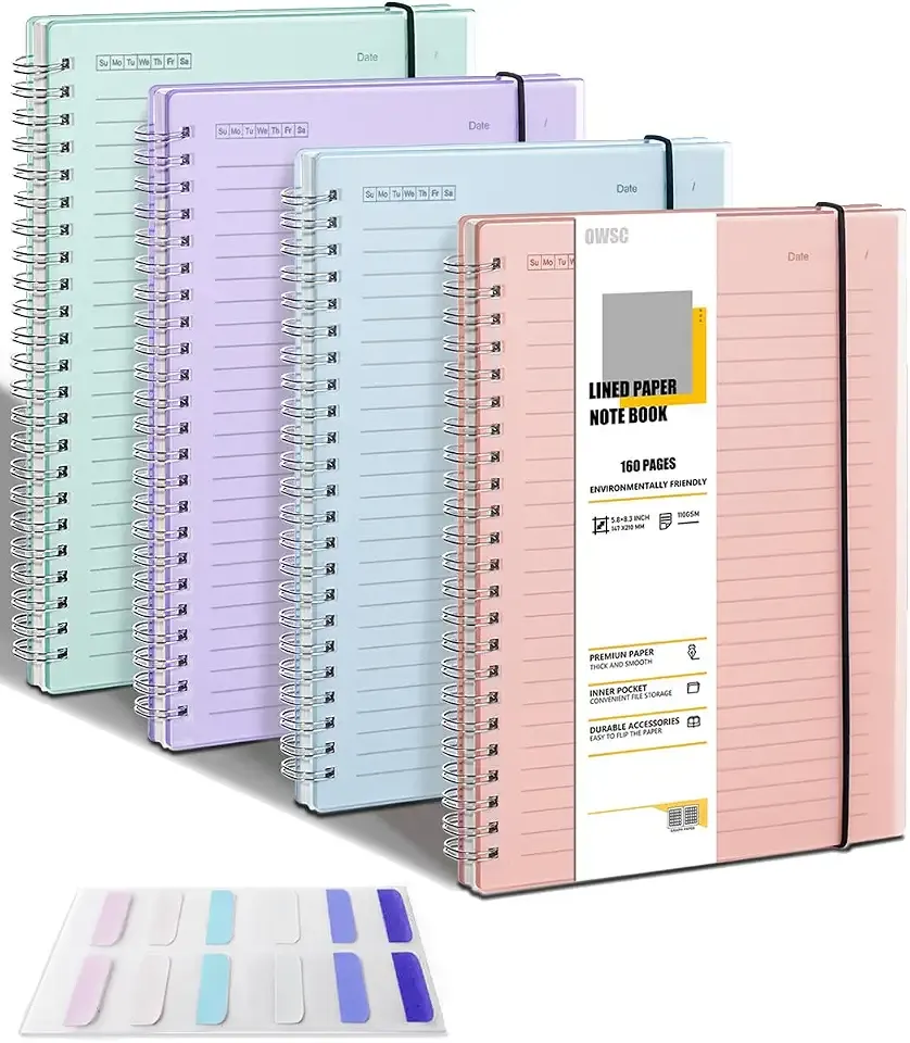 OWSC 4 Pack College Ruled Spiral Notebook, Notebooks for Work A5 Lined | 5.9 x 8.3 IN Notebooks College Ruled for Note Taking, School and Journal with 80 Sheets/160 Pages 110 GSM Thick Papers