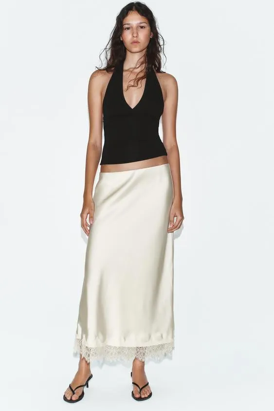 LACE TRIM SATIN MIDI SKIRT